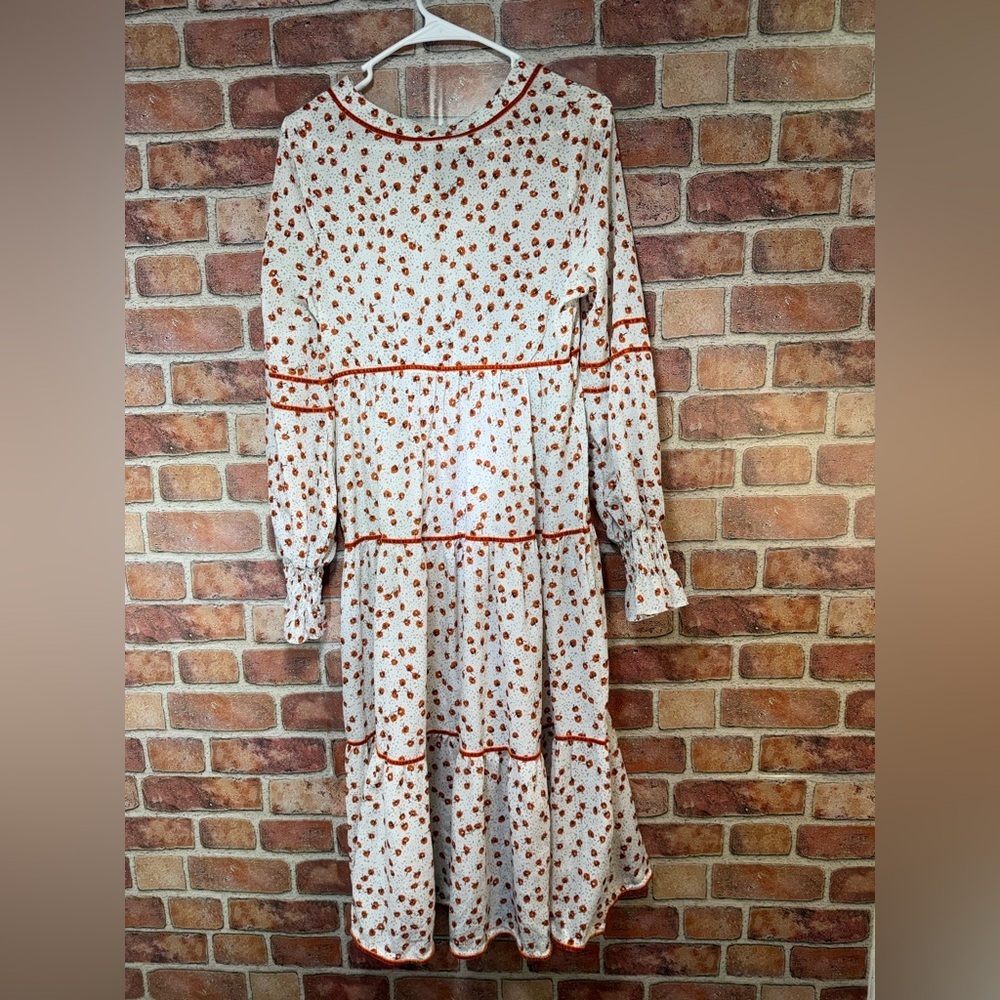 tiered floral fall Maxi Dress velour piping Cottagecore boho hippie prairie - Picture 2 of 7